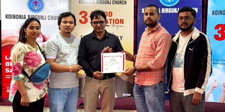 क्वाइनोनिया बिरगंज चर्च द्वारा रक्तदान कार्यक्रम आयोजना , ७९ जनाले गरे रक्तदान ।